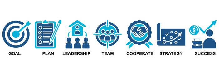 Mission icon set vector illustration concept with icon of goal, plan, leadership, team, cooperate, strategy and success