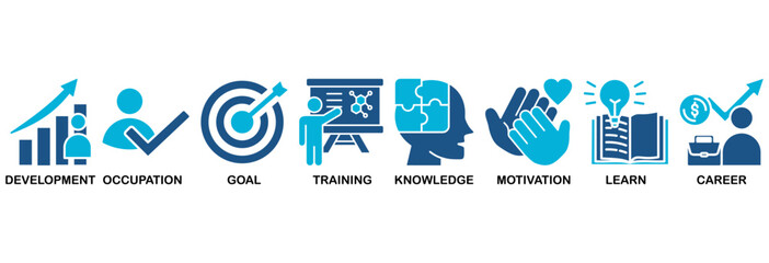 New skills icon set vector illustration concept with icon of development, occupation, goal, training, knowledge, motivation, learn and career