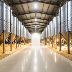 Spacious room featuring several metal tanks designed for grain storage and processing