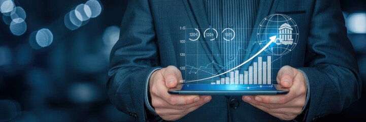 A person holding a tablet displaying financial growth data.