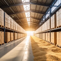Warehouse filled with numerous boxes of grain products ready for distribution and storage