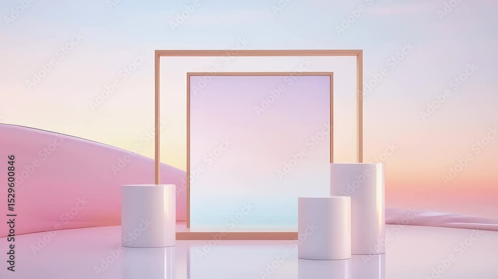 Poster minimalist abstract design featuring pink and gold square frame with three white cylinders in a brig