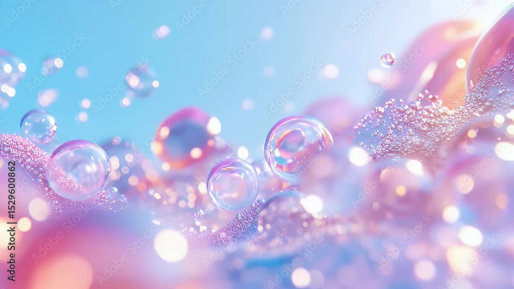Poster translucent spheres and glittering particles on a soft blue background with pink hue abstract design