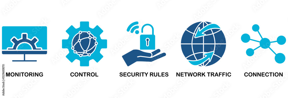 Poster firewall icon set vector illustration concept for network security system with icon of monitoring, c