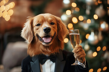 Golden Retriever in a suit at a party with a glass of champagne. Happy New Year greetings from a dog. Christmas with the Pet Dog