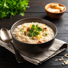 Bowl of rice accompanied by spoon and napkin ideal for enjoying grain-based porridge