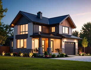 Luxurious Modern Two Story House with Dark Roof at Dusk Exterior Night View