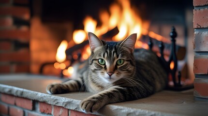 Relaxed Tabby Cat Lounging by Warm Fireplace with Brick Background