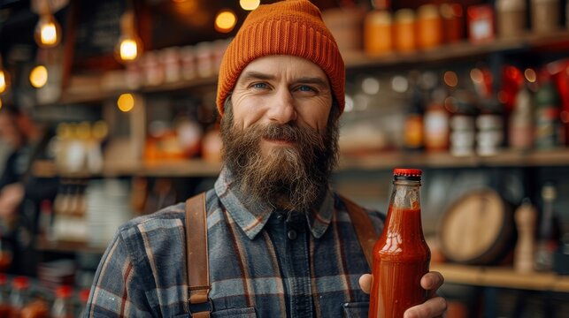 A bearded man in a plaid shirt stands confidently holding a drink at a bustling local market, exuding warmth and approachability amidst an enticing backdrop of products.