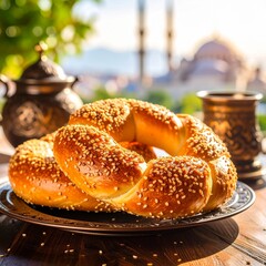 Delicious greek koulouri sesame bread bagel served on a white plate with copy space