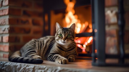 Relaxed Tabby Cat Lounging by Warm Fireplace with Brick Background