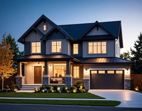Modern Two Story Family Home at Dusk with Illuminated Windows and Garage - Powered by Adobe