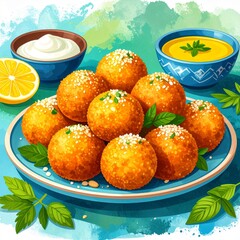 Plate of crispy fried chicken nuggets served with dipping sauce on a white background