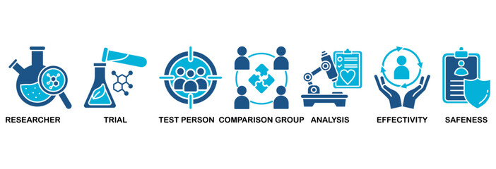 Clinical study icon set vector illustration concept for clinical trial research with an icon of researcher, trial, test person, comparison group, analysis, effectivity, and safeness