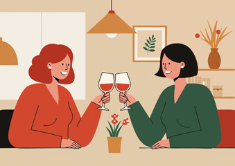 Friendly illustration of two women toasting with wine glasses in a stylish indoor setting with a potted plant