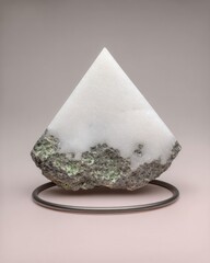 White and Gray Crystalline Cone Sculpture on a Metal Base
