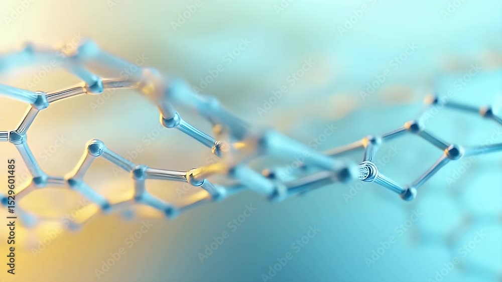 Poster molecular structure close up view in soft blue and yellow lighting complex nanotechnology design and