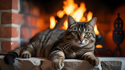 Relaxed Tabby Cat Lounging by Warm Fireplace with Brick Background