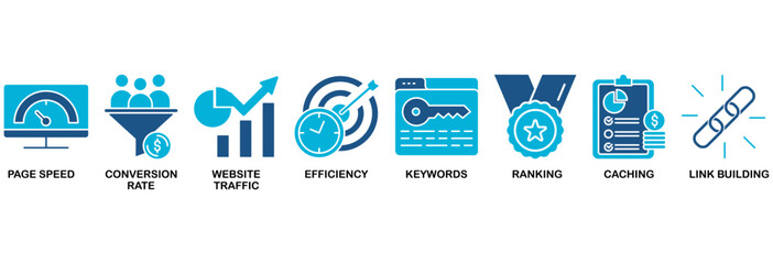 Website optimization icon set vector illustration concept with icon of page speed, conversion rate, website traffic, efficiency, keywords, ranking, caching, link building�