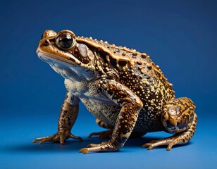 Naklejka premium Detailed Close Up of a Speckled Toad Posing on a Blue Background A captivating wildlife photograph