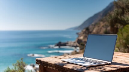 Working outdoors with a stunning ocean view while using an open laptop with a blank screen, laptop with a background of the sea