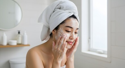Asian Woman Washing Face with Cleanser Skincare Routine Beauty