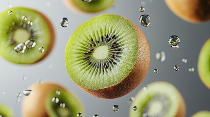 Floating kiwis dynamically arranged on a transparent background