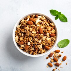 Healthy bowl of granola with whole grains and nutritious ingredients on wooden table