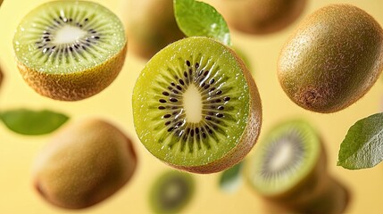 Floating kiwis arranged dynamically on a transparent background