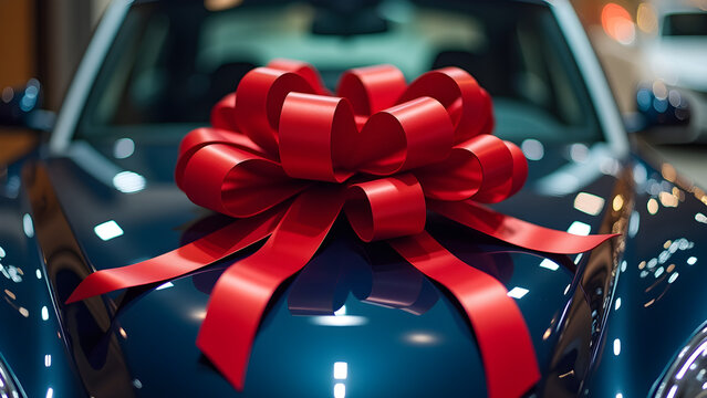 A polished car features a large red bow on its hood, illuminated