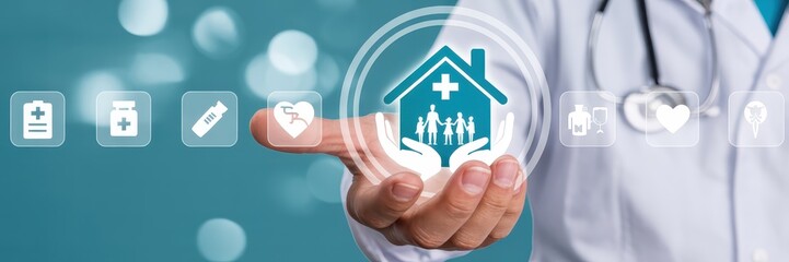 Healthcare concept illustrated by a doctor holding a virtual family home.