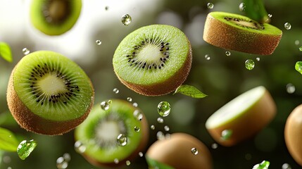Floating kiwis dynamically arranged on a transparent background