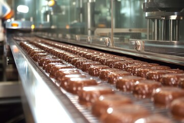 Fototapeta premium Chocolate Production Line with Confectionery on Conveyor Belt
