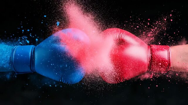 Clash of titans blue and red boxing gloves facing off in dramatic dust cloud