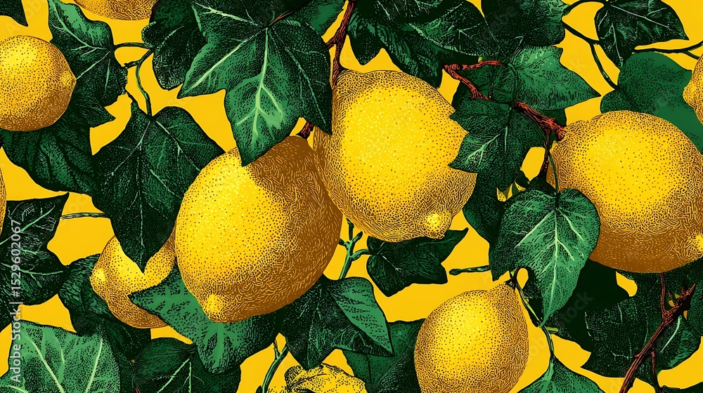 Poster yellow lemon and ivy pattern -