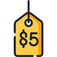 Yellow Price Tag with Five Dollar Sign Simple Icon Design
