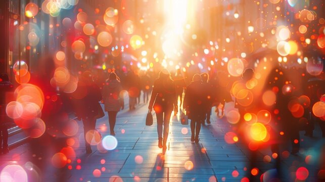 A vibrant cityscape filled with silhouettes of people amid colorful bokeh lights, creating an atmospheric and lively urban scene that exudes energy.