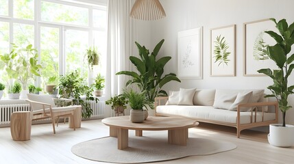 Cozy Natural Living Room with Wooden Furniture and Indoor Plants
