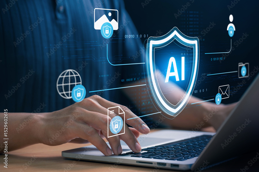 Poster AI cybersecurity concept. laptop with virtual shield icons representing data privacy and digital protection, capturing modern technology use in secure internet environments anytime, anywhere