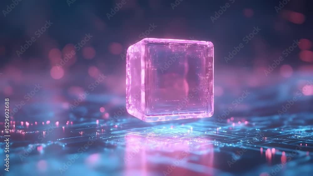 Poster translucent pink cube hovering on blue surface with pink particles in a digital futuristic abstract 