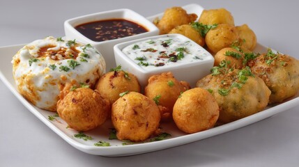 A delicious platter of assorted fried snacks with dipping sauces.