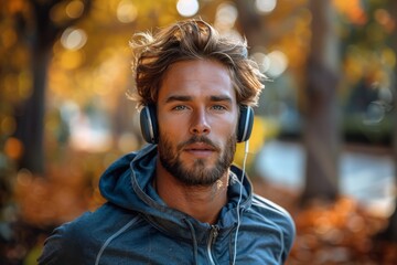 Fototapeta premium A well-groomed man listens to music with headphones, surrounded by golden autumn foliage, emphasizing relaxation and the enjoyment of nature's beauty.