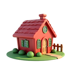 A cartoonish red house with green accents on a small green lawn isolated on transparent background