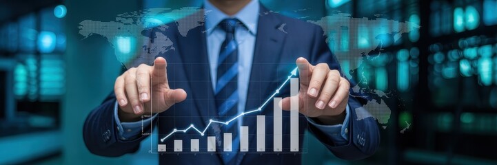 Global business growth visualized by a businessman.