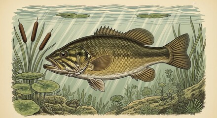 Detailed illustration of a largemouth bass swimming in a serene underwater environment with plants.