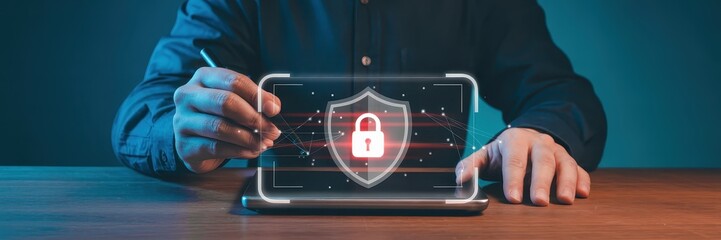 Person interacting with a digital security shield graphic on a tablet.