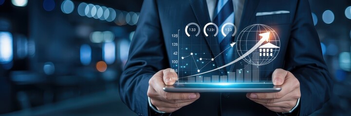 Businessperson holding a tablet displaying growth charts.