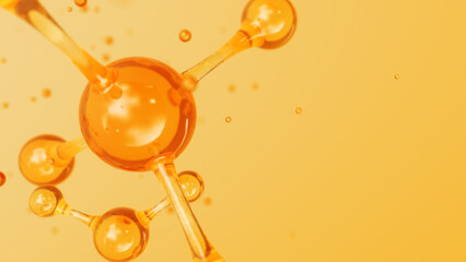 3d Abstract golden glass molecular structures. Cosmetic collagen serum, essence oil, vitamin, hyaluronic acid for skin care. Healthcare concept