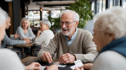 A joyful group of seniors enjoying a card game together, showcasing friendship, laughter, and connection in a cozy environment.