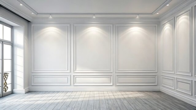 Empty luxurious room with white walls and wood floor classic interior design